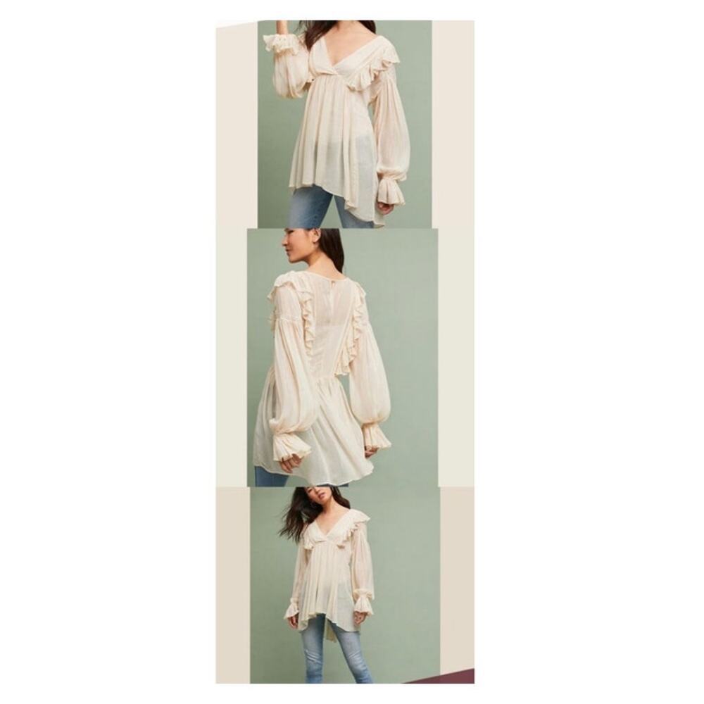 Anthropologie Maeve Cream Ruffle and Metallic Pinstripe Romantic Tunic - Size 00 - Picture 2 of 7